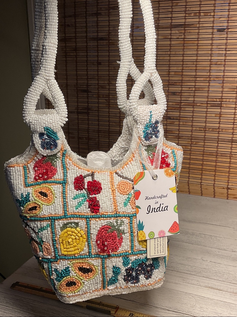 Handcrafted White Beaded Floral & Fruit Tote